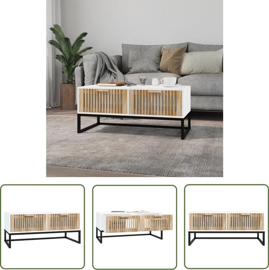 The Living Store Salontafel Wit 80 x 40 x 35 cm Bewerkt hout en ijzer Salontafel Witte Salontafel Houten Salontafel Met Lade Kleine Salontafel