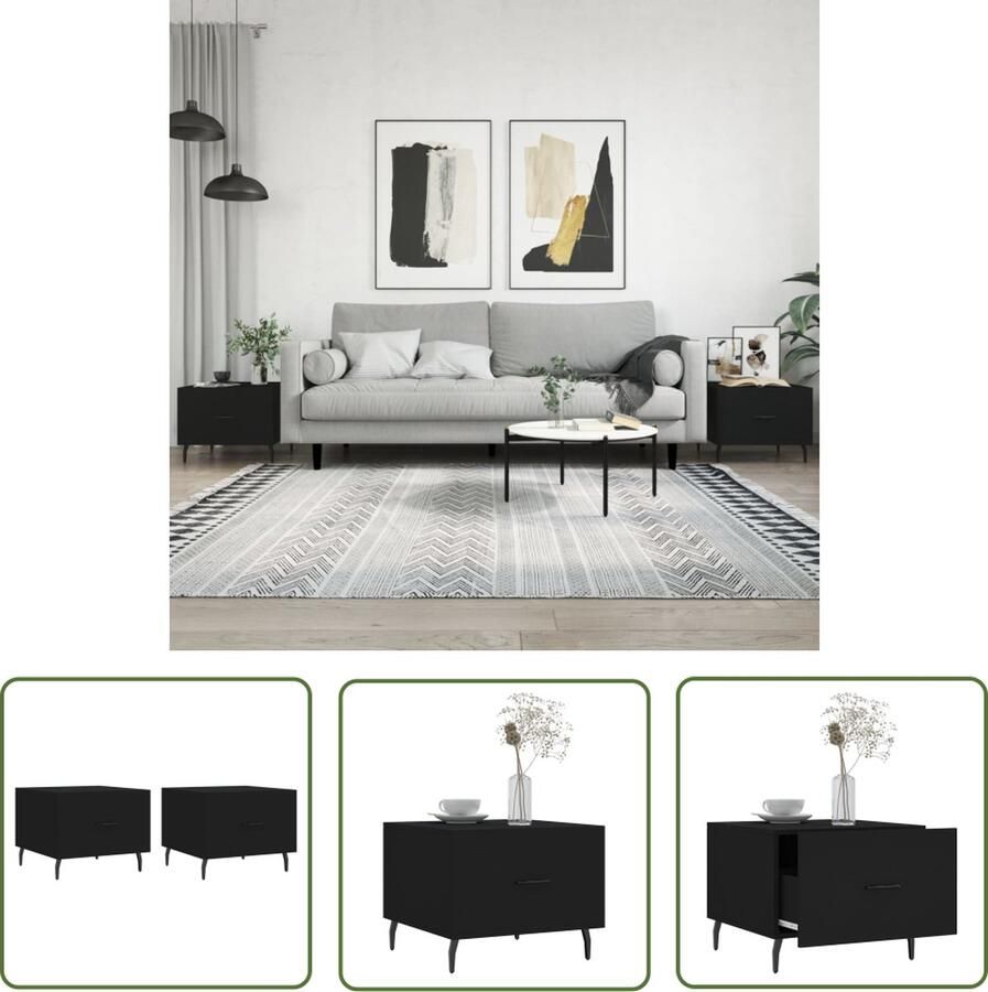 The Living Store Salontafel Zwart Bewerkt Hout 50 x 50 x 40 cm Met Lade en IJzeren Poten Salontafel Zwarte Salontafel Houten Salontafel Salontafeltje Bijzettafel - Foto 2