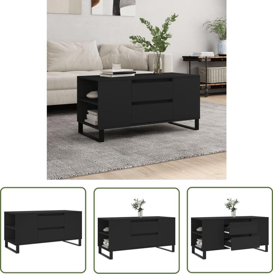 The Living Store Salontafel Zwarte Bewerkt Houten Bijzettafel met 2 Lades en 4 Vakken 102 x 44.5 x 50 cm Salontafel Zwarte Salontafel Houten Salontafel Bijzettafel Tv Tafeltje - Foto 2
