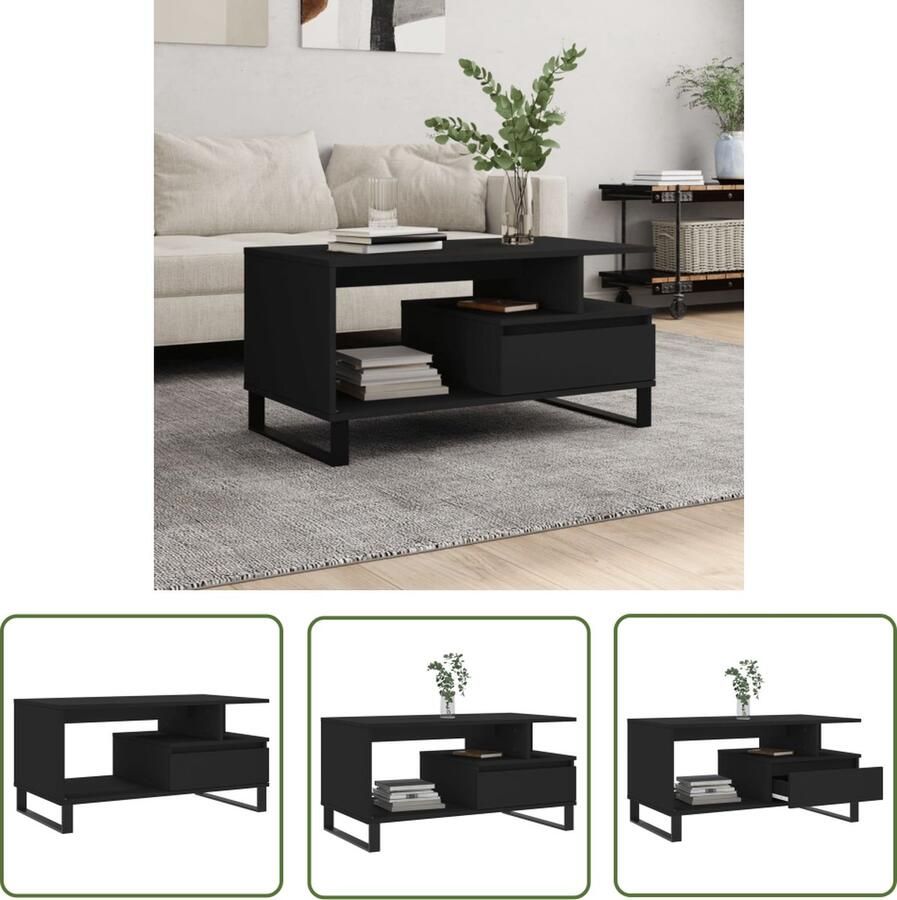 The Living Store Salontafel Zwarte Bijzettafel met lade 90x49x45 cm Hoge kwaliteit bewerkt hout Stevig tafelblad Metalen poten Salontafel Zwarte Salontafel Bijzettafel Houten Salontafel Design Salontafel - Foto 2