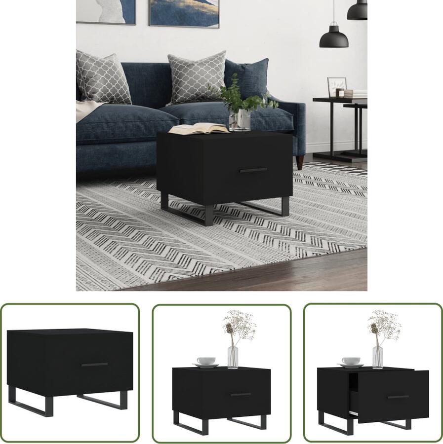 The Living Store Salontafel Zwarte houten bijzettafel met lade Stevig tafelblad IJzeren poten 50x50x40cm Salontafel Zwarte Salontafel Bijzettafel Hout Salontafel Metalen Poten - Foto 3