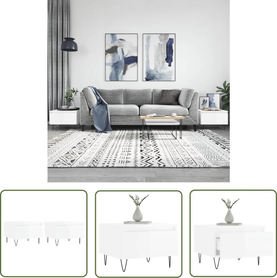 The Living Store Salontafels 50 x 46 x 35 cm Bewerkt hout en metaal Hoogglans wit Salontafel Bijzettafel Houten Tafel Witte Tafel Hoogglans Tafel - Foto 2