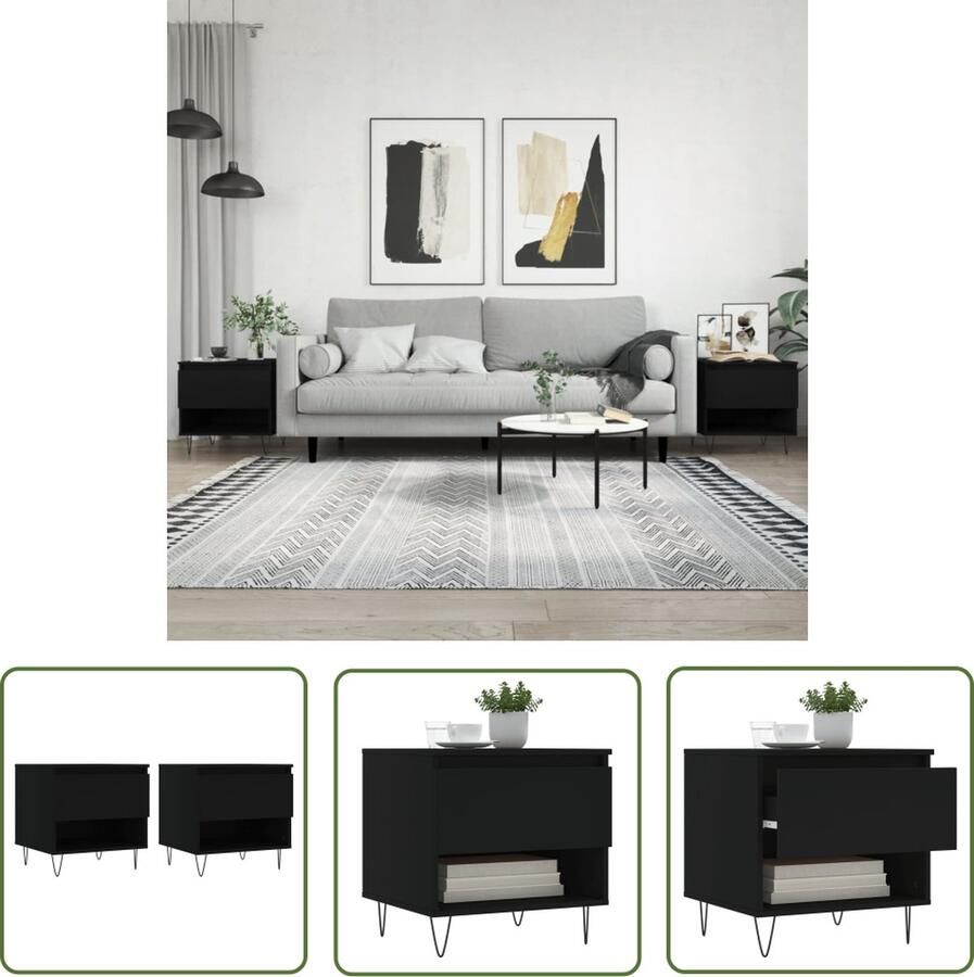 The Living Store Salontafels Bijzettafel Hout en Metaal 50 x 46 x 50 cm Lade en vak Zwart Salontafel Bijzettafel Houten Salontafel Zwarte Salontafel Modern Design - Foto 2