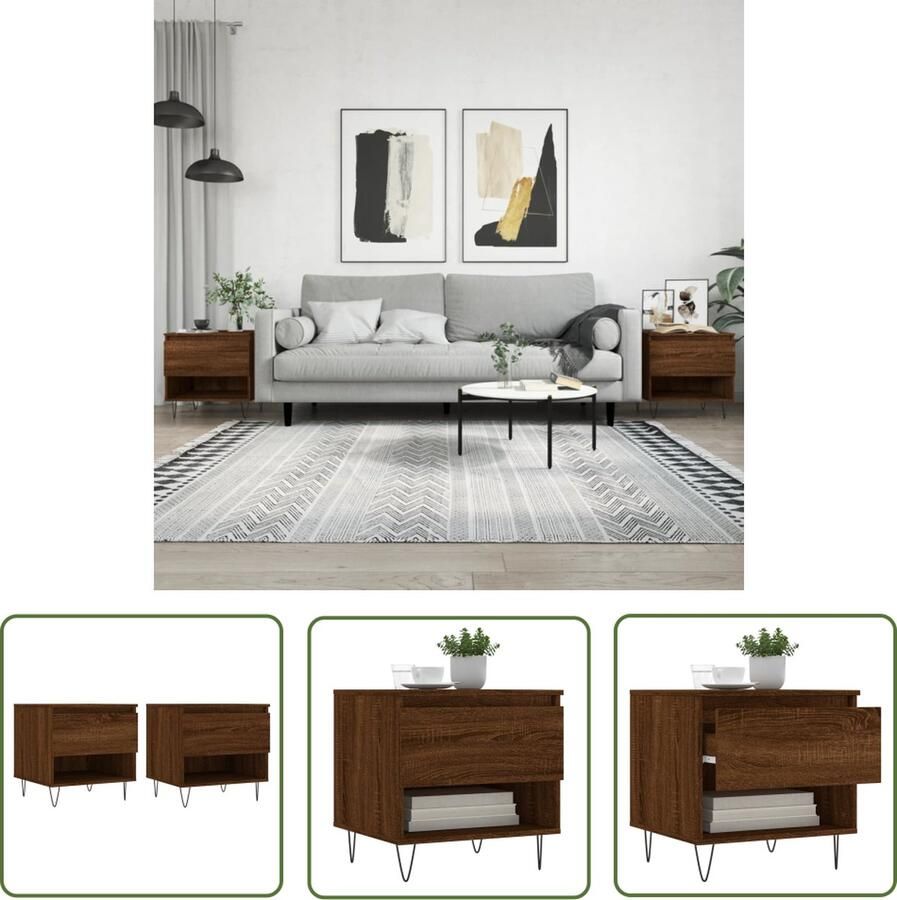 The Living Store Salontafels Bruineiken 50 x 46 x 50 cm Duurzaam hout metaal 1 lade 1 vak Salontafel Salontafeltje Houten Tafeltje Bruine Eiken Tafel Tv Tafel - Foto 2