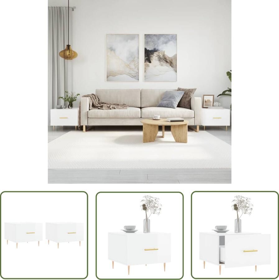 The Living Store Salontafels Hoogglans wit 50 x 50 x 40 cm Bewerkt hout en ijzer Salontafel Bijzettafel Houten Salontafel Hoogglans Wit Modern Meubilair - Foto 6