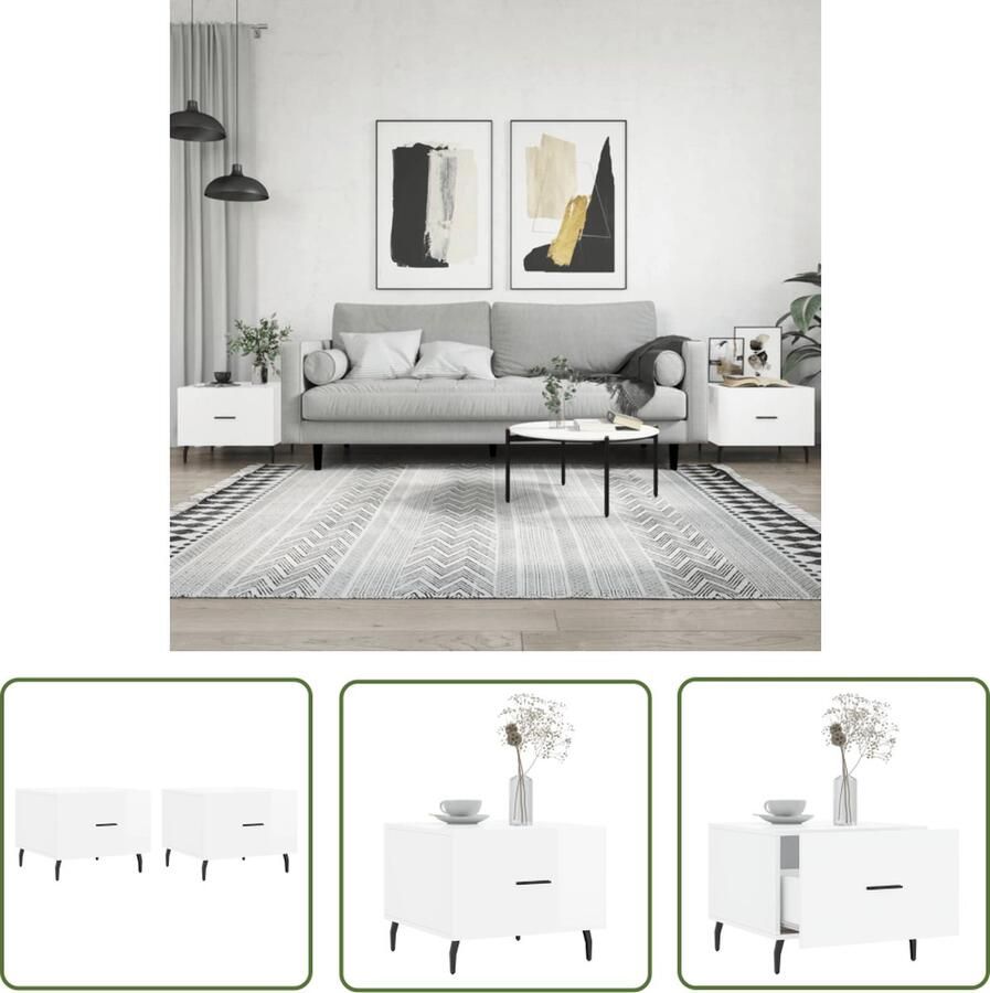 The Living Store Salontafels Trendy Bijzettafel 50 x 50 x 40 cm Kleur- Hoogglans wit Materiaal- Bewerkt hout en ijzer Salontafel Bijzettafel Trendy Tafels Witte Salontafel Houten Salontafel - Foto 2