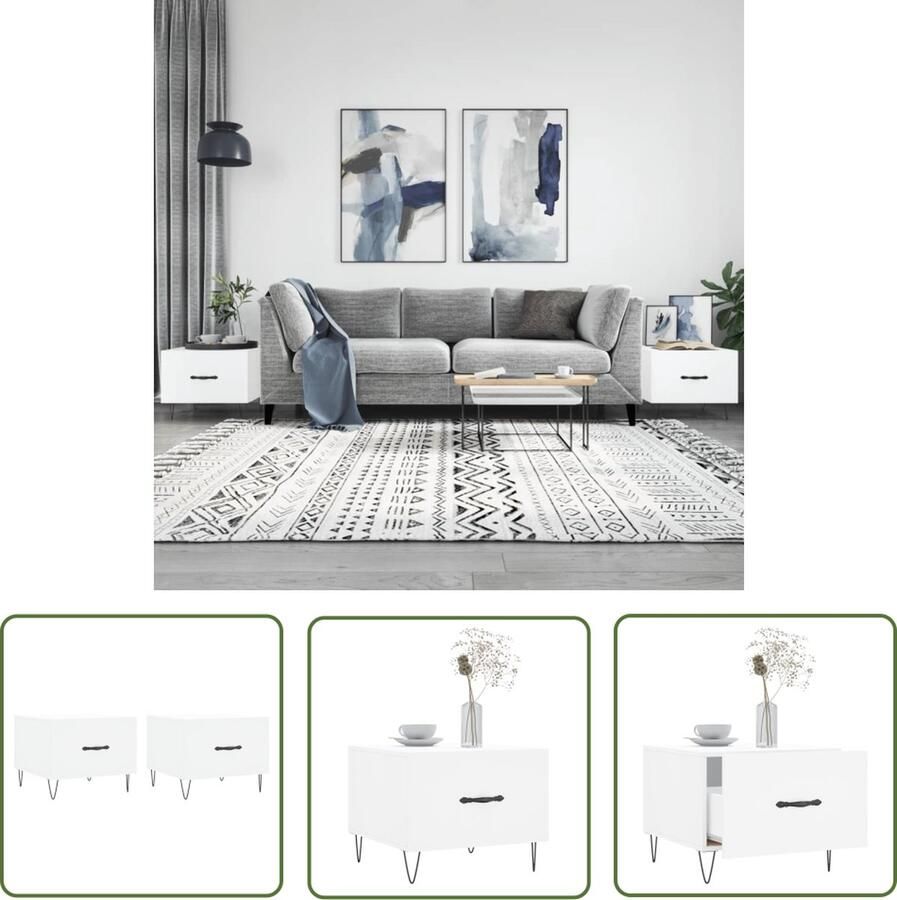 The Living Store Salontafels Trendy Bijzettafel met lade Stabiel hout en ijzer Wit 50 x 50 x 40 cm Set van 2 Salontafel Bijzettafel Houten Salontafel Wit Meubilair Woonaccessoires - Foto 2