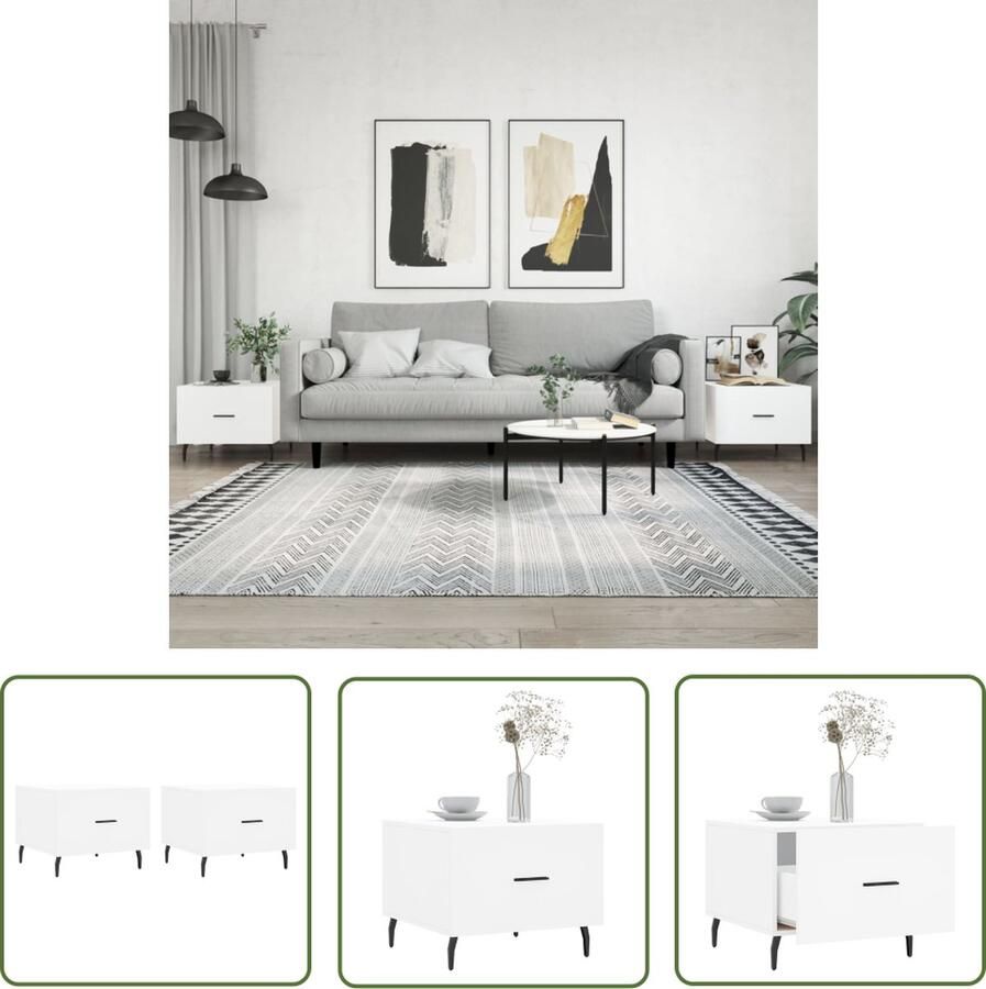 The Living Store Salontafels Trendy Wit Bewerkt Hout en IJzer 50 x 50 x 40 cm Lade Stevig Tafelblad IJzeren Poten Salontafel Bijzettafel Trendige Salontafel Salontafeltje Wit Meubilair - Foto 2