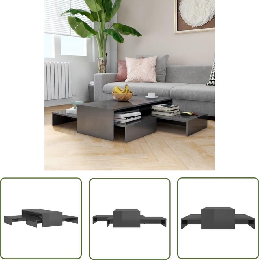 The Living Store Salontafelset Hoogglans grijs Gemaakt van bewerkt hout Afmetingen- 100 x 100 x 26.5 cm Montage vereist Salontafel Hogglans Grijze Salontafel Salontafelset Houten Salontafel Multifunctionele Salontafel - Foto 2