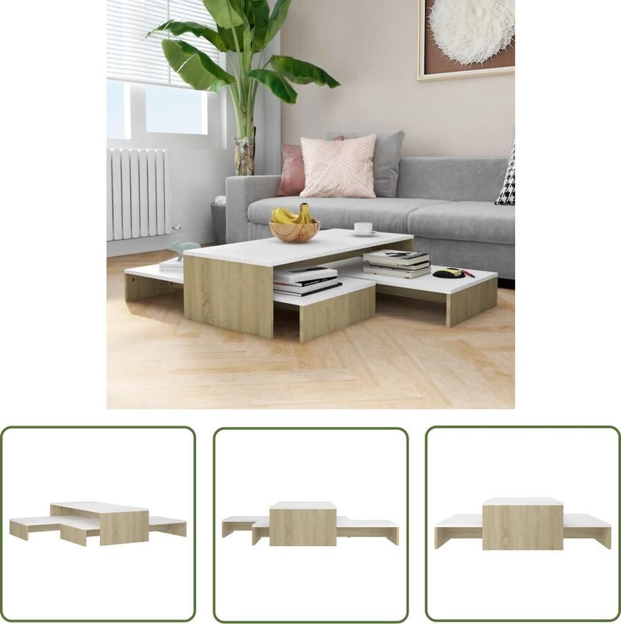 The Living Store Salontafelset Hout 100 x 100 x 26.5 cm Wit en sonoma eiken Salontafel Houten Salontafel Salontafeltje Nestkasten Koffietafel - Foto 2