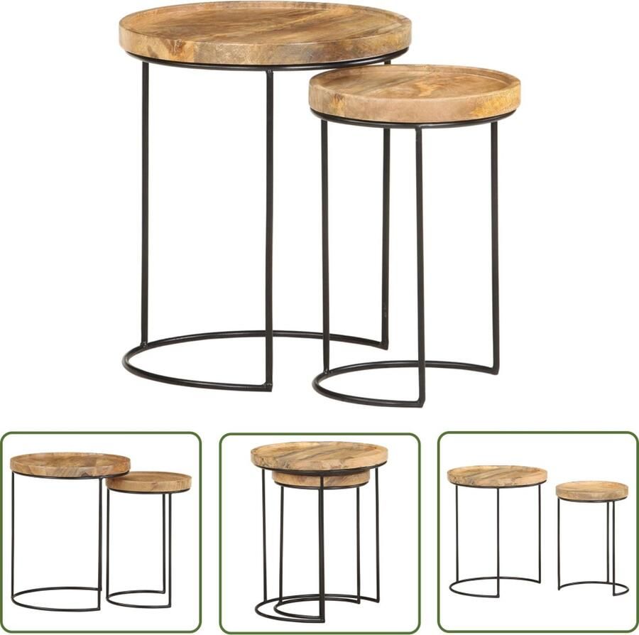 The Living Store Salontafelset Bruin Zwart Massief mangohout Vintage Design 36x42 cm en 26x37 cm Geen montage nodig Salontafel Salontafeltje Vintage Design Mangohouten Meubilair Houten Salontafel - Foto 3