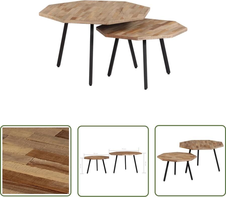The Living Store Salontafelset Gerecycled Teakhout Vintage Stijl 74 x 42 cm Inclusief 2 Tafels Salontafel Teak Vintage Retro Bijzettafel - Foto 2