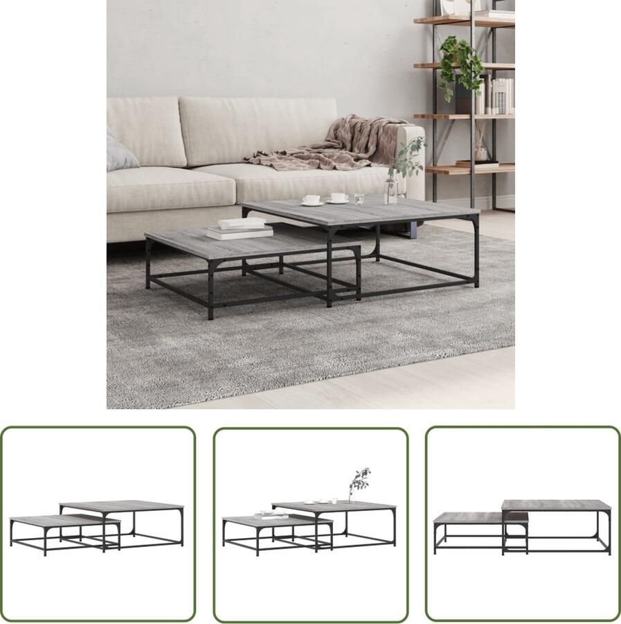 The Living Store Salontafelset Grijs Sonoma Eiken Hout 80 x 80 x 35 cm In elkaar passend Salontafel Set Bijzettafels Houten Salontafel Grijze Salontafel Nest Tafels - Foto 2