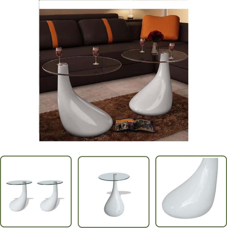 The Living Store Salontafelset Waterdruppelvorm met hoogglans afwerking Diameter 42 cm Getemperd veiligheidsglas 2-delige set Salontafel Salontafels Koffietafel Bijzettafel Sidetable - Foto 2
