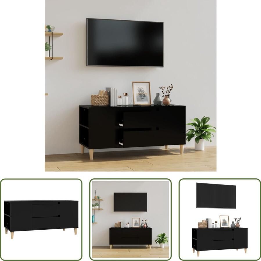The Living Store TV-meubel Scandinavische stijl 102 x 44.5 x 50 cm zwart hout - Foto 2