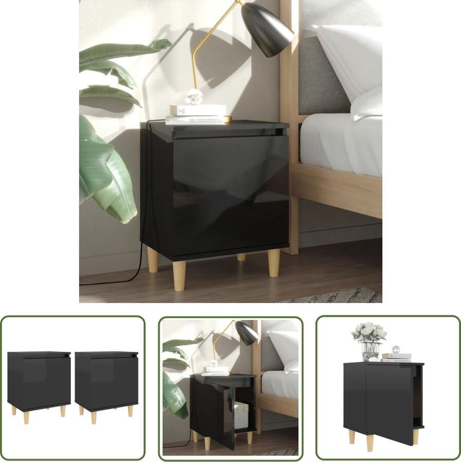 The Living Store Nachtkastjes 2 st met houten poten 40x30x50 cm hoogglans zwart Kast - Foto 2