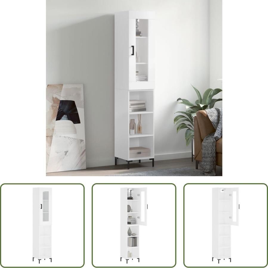 The Living Store Schappenkast Hoge Kast Wit 34.5 x 34 x 180 cm Duurzaam bewerkt hout Opbergruimte Praktische deur IJzeren poten Montage vereist - Foto 3