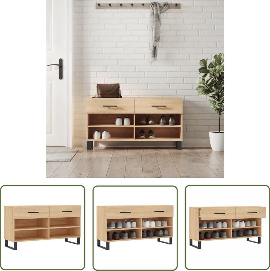 The Living Store Schoenenbank Sonoma Eiken 102 x 35 x 55 cm Duurzaam hout 2 lades IndustriÃle stijl Schoenenbank Schoenuitlegger Houten Bank Industrieel Design Bergruimte - Foto 2