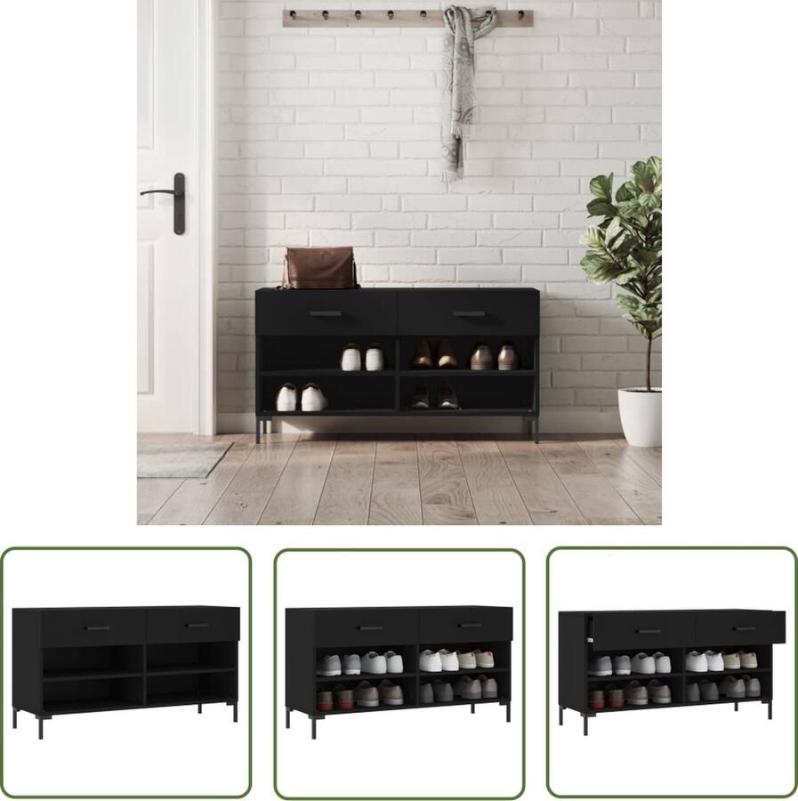 The Living Store Schoenenbank 102x35x55 cm bewerkt hout zwart Schoenenbank Schoenuitlegger Inrichting Hal Opslag Schoenen Houten Schoenenbank - Foto 2