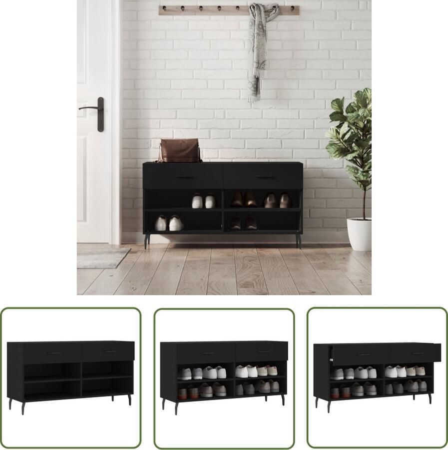 The Living Store Schoenenbank 102x35x55 cm bewerkt hout zwart Schoenenbank Schoenuitlegger Bergruimte Kastje Houten Bank - Foto 2