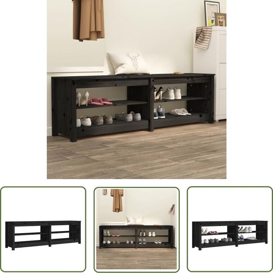 The Living Store Schoenenbank 160x36 5x50 cm massief grenenhout zwart Schoenenbank Schoenenkasten Inloopkast Garderobe Opbergruimte - Foto 2
