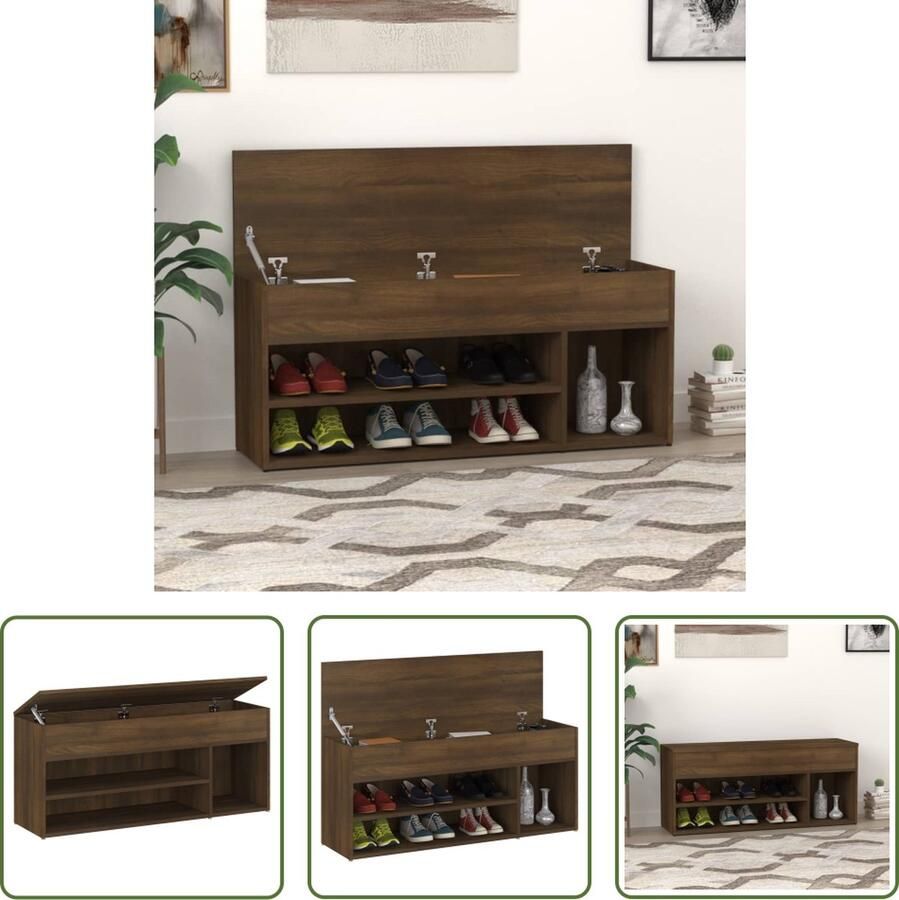The Living Store Schoenenbank Bruineiken Opbergbank 105x30x45 cm Trendy Ontwerp - Foto 2
