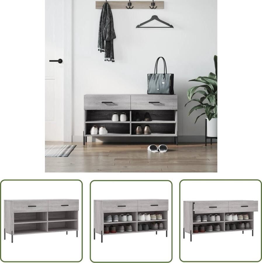 The Living Store Schoenenbank Grijs Sonoma Eiken 102 x 35 x 55 cm Trendy en praktisch Schoenenbank Schoenenkasten Opbergbank Houten Bank Grijze Bank - Foto 2