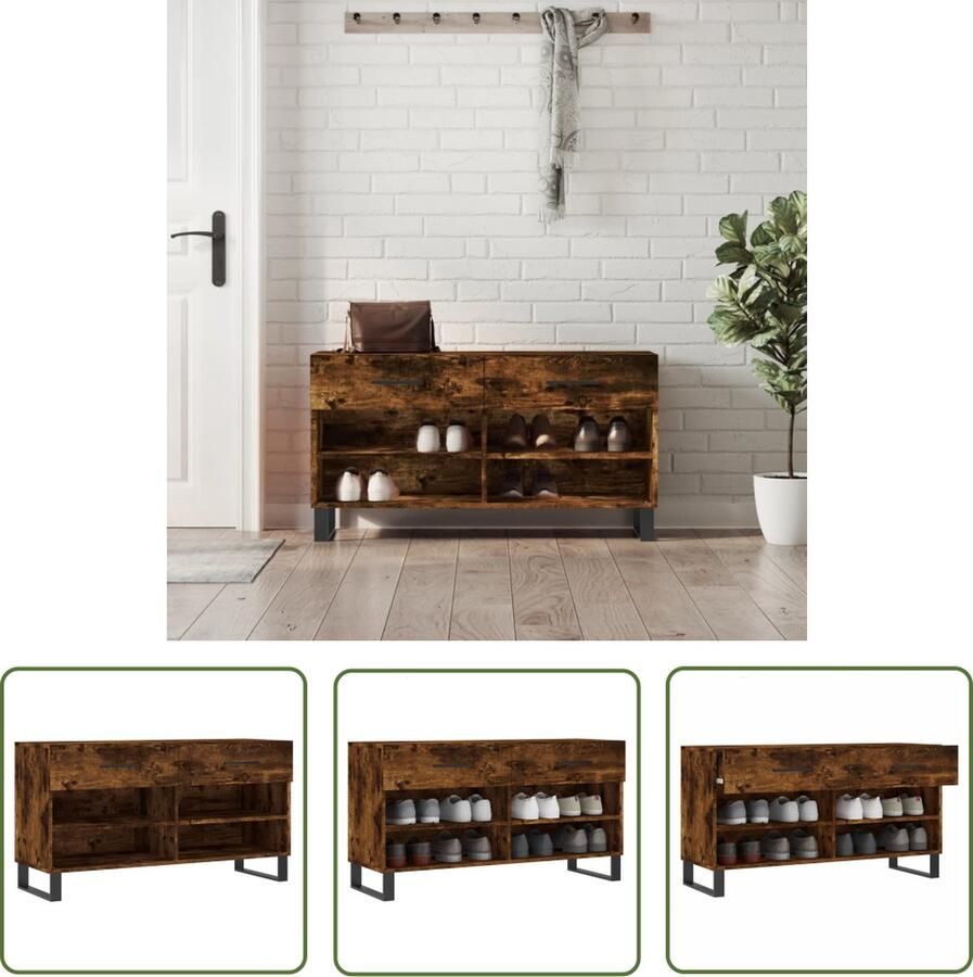The Living Store Schoenenbank Industrial 102 x 35 x 55 cm gerookt eiken duurzaam materiaal veel opbergruimte - Foto 2