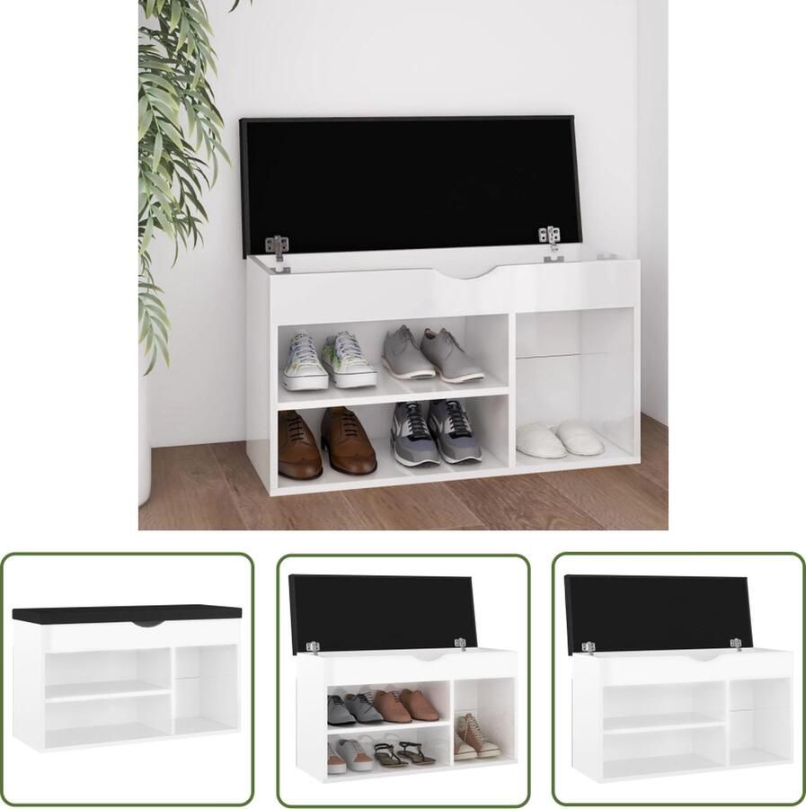 The Living Store Schoenenbank met kussen 80x30x47 cm bewerkt hout hoogglans wit Schoenenbank Schoenenkasten Meubels Woonkamerinrichting Entreetafel - Foto 2