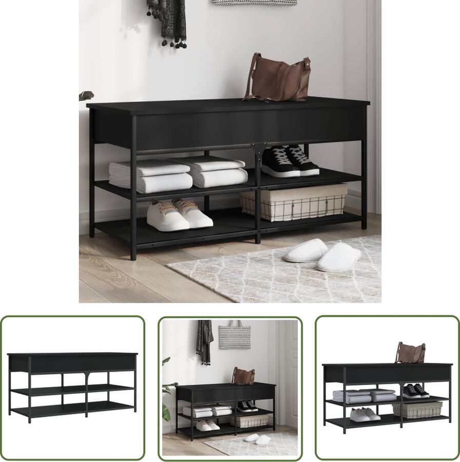The Living Store Schoenenbank Opbergbank Stevig Zwart 100x42.5x50 cm Metalen Frames Verstelbare Poten