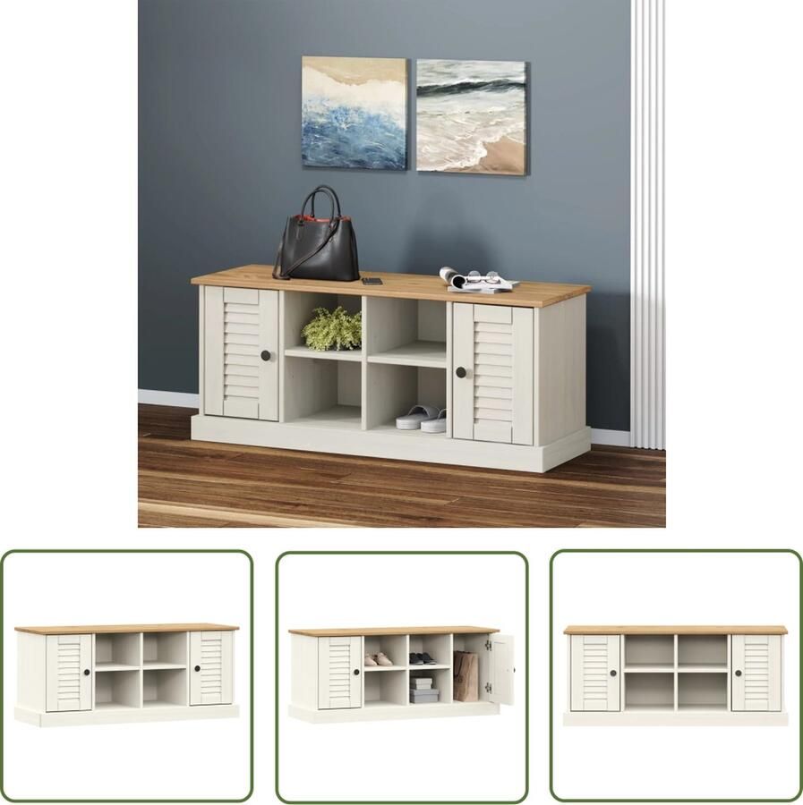 The Living Store VIGO Schoenenbank 106 x 35 x 40 cm Massief grenenhout Wit Schoenenbank Opbergbank Entreebank Hallbank Schoenuitlegger - Foto 2
