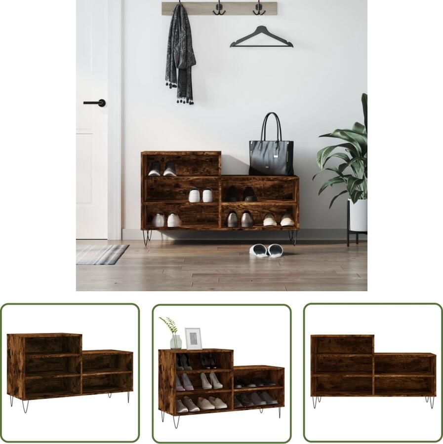 The Living Store Schoenenkast 102 x 36 x 60 cm Gerookt Eiken Duurzaam bewerkt hout en metaal Schoenenkast Schoenen Rek Schoenuitlegger Bergruimte Kastje - Foto 2
