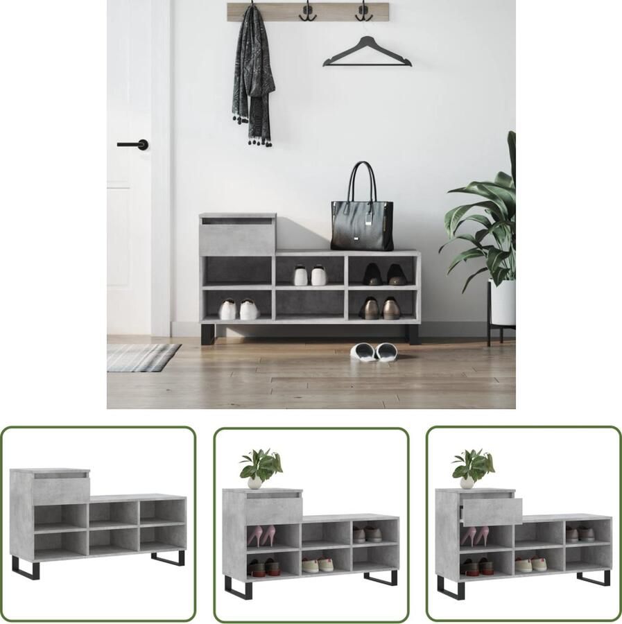 The Living Store Schoenenkast Betongrijs 102 x 36 x 60 cm Met lade en 6 vakken Schoenenkast Schoenendoos Bergruimte Opslag Organisatie