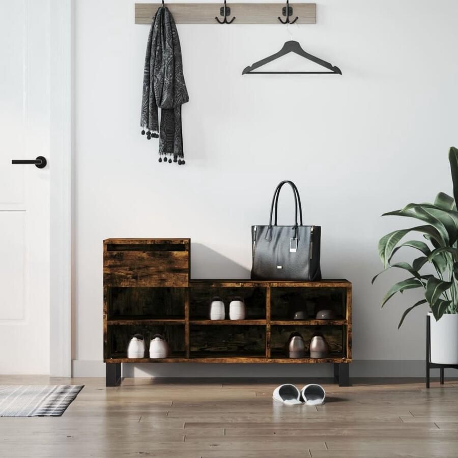 The Living Store Schoenenkast Gerookt eiken 102x36x60 cm Duurzaam bewerkt hout en metaal Schoenenkast Houten Schoenenkast Bruine Schoenenkast Vintage Schoenenkast Bergruimte - Foto 2