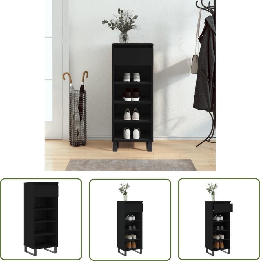 The Living Store Schoenenkast Zwart 40 x 36 x 105 cm Duurzaam hout Met lade en 4 vakken Schoenenkast Schoenuitlegers Bergruimte Kastje Opslag