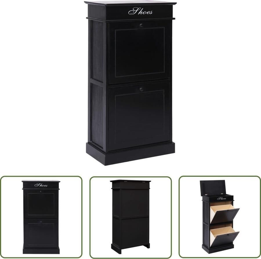 The Living Store Schoenenkast 50x28x98 cm paulowniahout zwart Schoenenkast Schoenenopbergers Houten Schoenenkast Zwarte Schoenenkast Paulownia Hout - Foto 2
