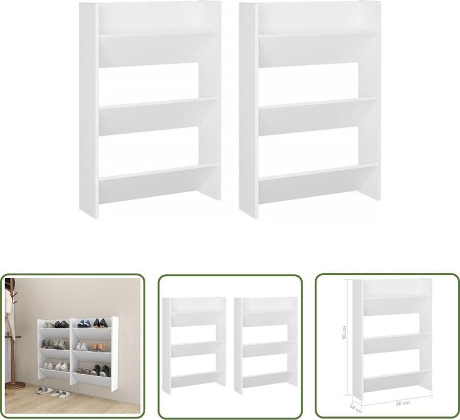 The Living Store Wandschoenenkasten 2 st 60x18x90 cm spaanplaat wit Schoenenkast - Foto 2