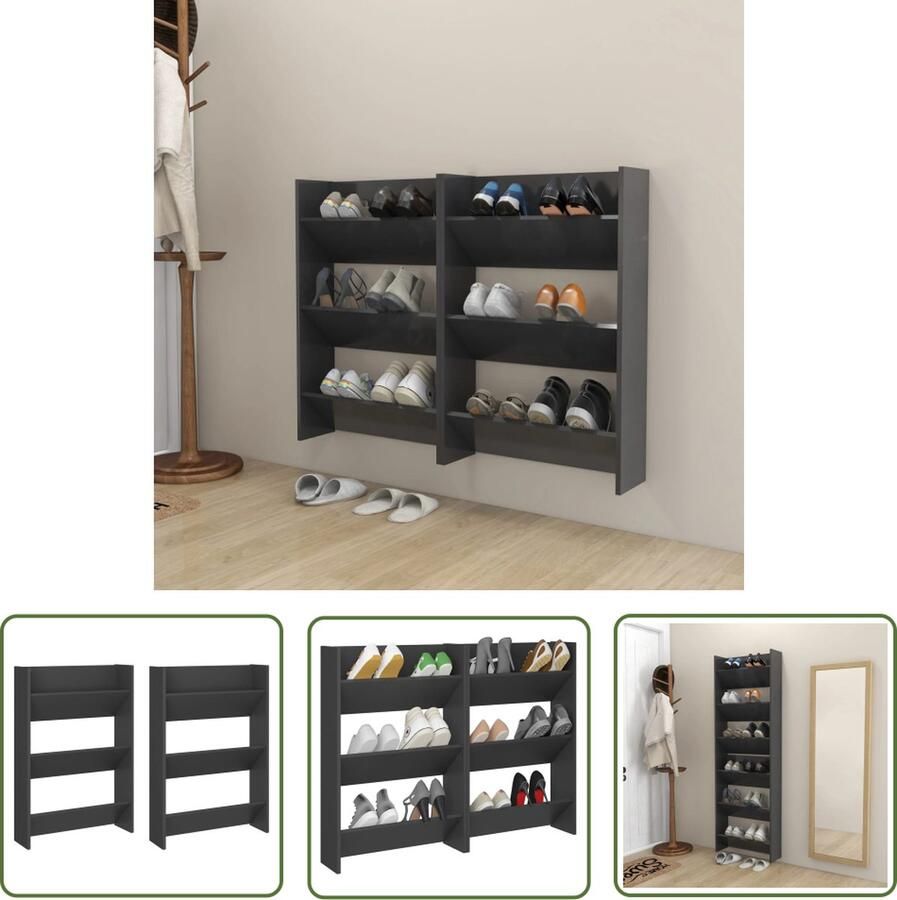 The Living Store Schoenenkast 60x18x90 cm 3 schappen Grijs Schoenenkast Wanden Kast Schoenuitlegers Organisatie Opslag - Foto 2