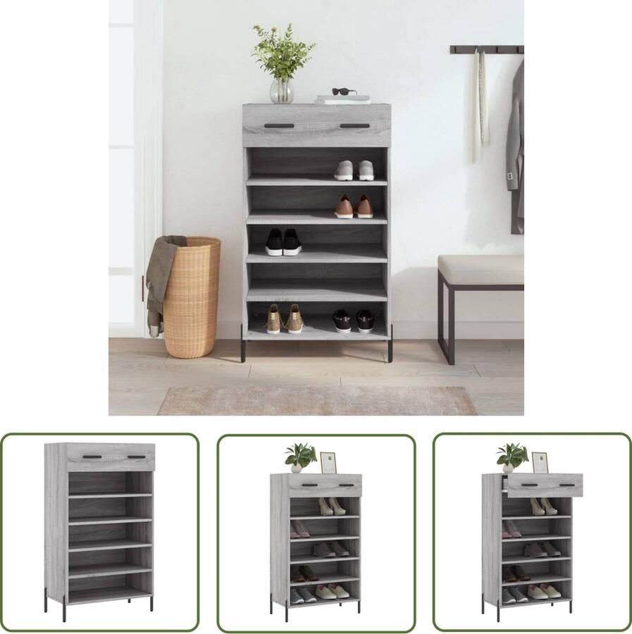 The Living Store Schoenenkast 60x35x105 cm bewerkt hout grijs sonoma eikenkleur Schoenenkast Kast Schoenenopbergers Schoenuitlegger Bergruimte - Foto 2