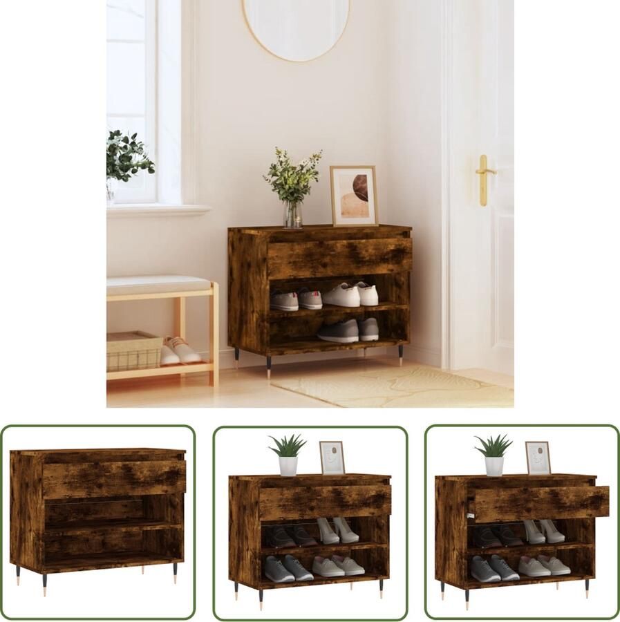 The Living Store Schoenenkast 70 x 36 x 60 cm gerookt eiken bewerkt hout en metaal Schoenenkast Schoenen Organisatie Houten Schoenenkast Bruine Schoenenkast Compact Schoenenkast - Foto 2
