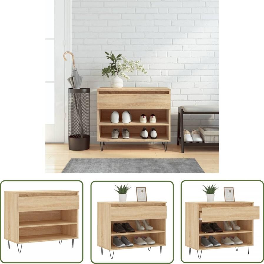 The Living Store Schoenenkast sonoma eiken 70 x 36 x 60 cm met lade en 2 vakken Schoenenkast Houten Schoenenkast Sonoma Eiken Schoenenkast Schoenuitlegers Opbergkasten