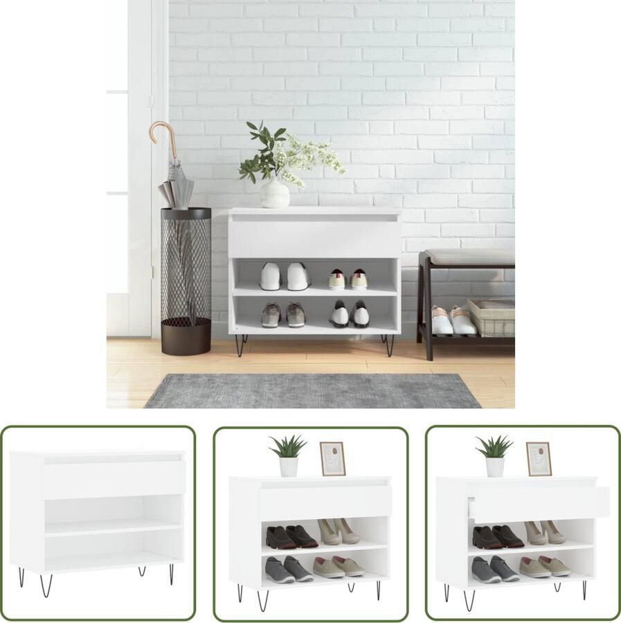 The Living Store Schoenenkast 70 x 36 x 60 cm Wit Duurzaam hout Metalen poten Schoenenkast Schoenuitlegers Bergruimte Kastje Opslag