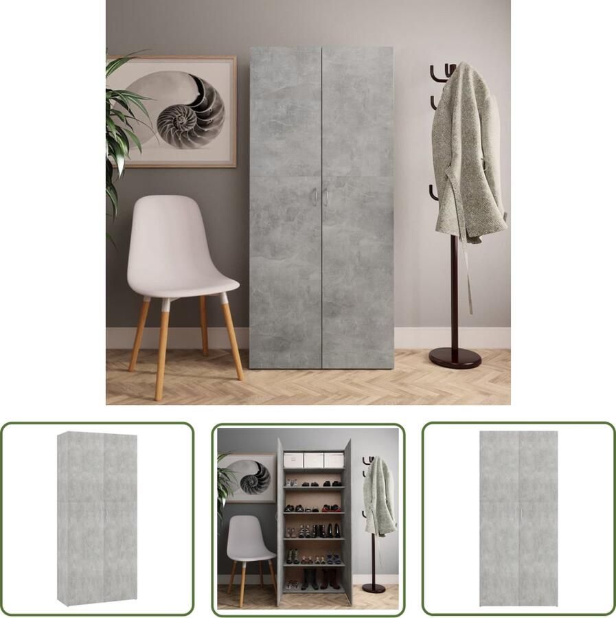 The Living Store Schoenenkast Betongrijs 80 x 35.5 x 180 cm Met 2 deuren en 6 schappen Schoenenkast Houten Schoenenkast Grijze Schoenenkast Entree Kast Bergruimte - Foto 2