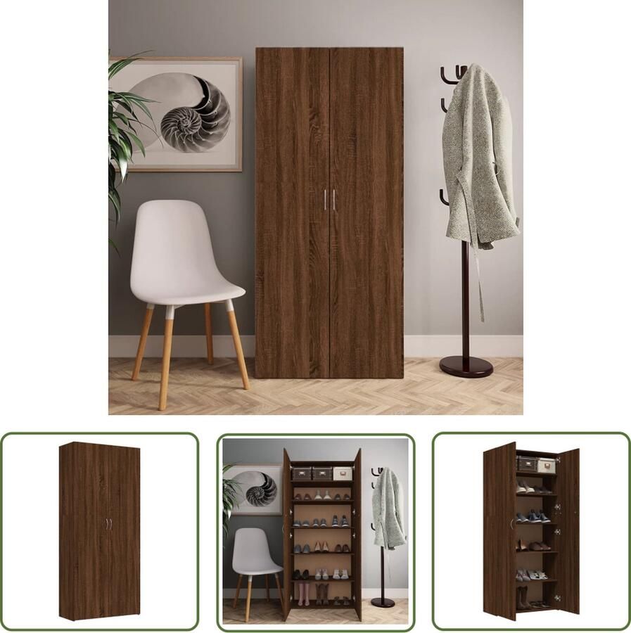 The Living Store Schoenenkast 80x35 5x180 cm bewerkt hout bruin eikenkleur Schoenenkast Schoenuitschuifsysteem Bergruimte Houten Schoenenkast Bruine Eik - Foto 2