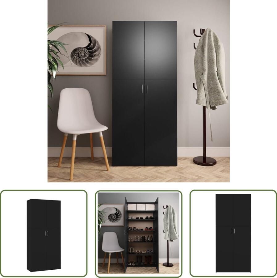 The Living Store Schoenenkast Hout 80 x 35.5 x 180 cm 6 schappen 2 deuren Zwart Schoenenkast Houten Schoenenkast Schoenenopbergers Entree Meubilair Bergruimte - Foto 2