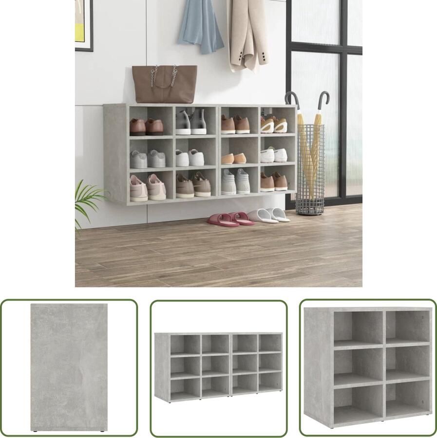 The Living Store Schoenenkast Betongrijs 52.5 x 30 x 50 cm 12 vakken Bewerkt hout Schoenenkast Schoenen Rek Berging Schoenen Kastje Schoenen Houten Schoenenkast - Foto 2