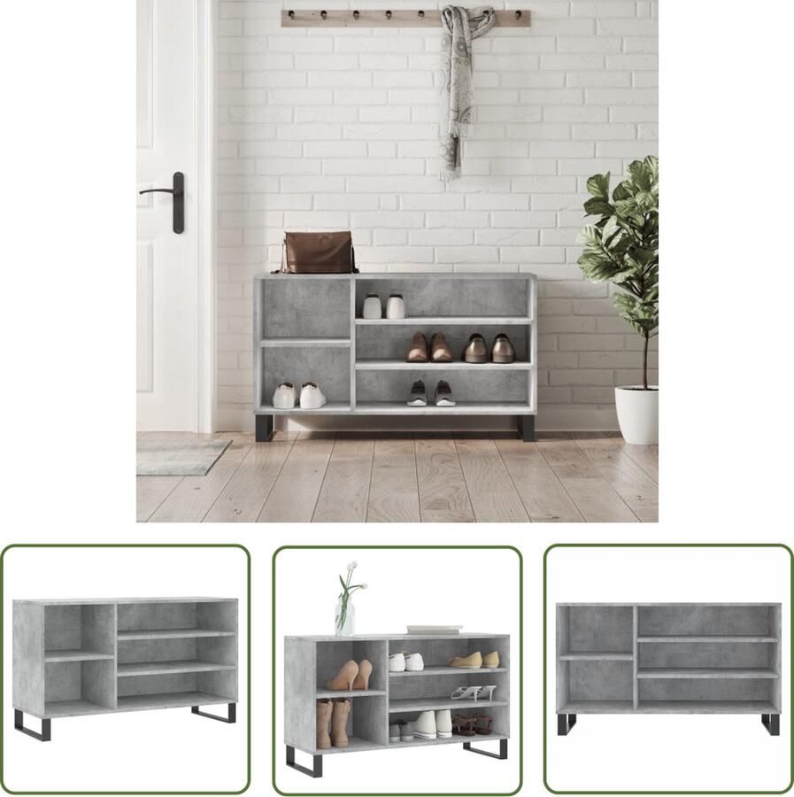 The Living Store Schoenenkast betongrijs bewerkt hout en metaal 102 x 36 x 60 cm Schoenenkast Houten Schoenenkast Grijze Schoenenkast Schoenen Organisatie Bergruimte - Foto 2