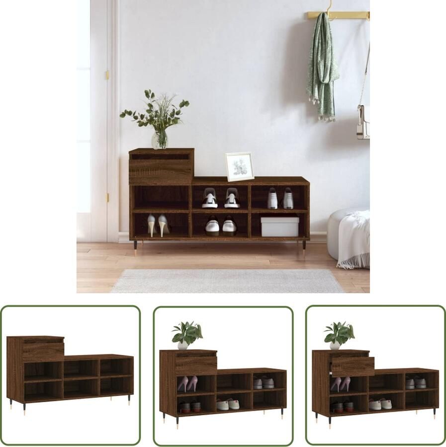 The Living Store Schoenenkast Bruineiken 102 x 36 x 60 cm Bewerkt hout+metaal Schoenenkast Houten Schoenenkast Bruine Schoenenkast Schoenen Organisatie Bergruimte - Foto 2