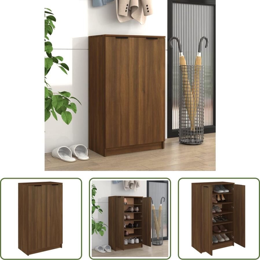 The Living Store Schoenenkast 59x35x100 cm bewerkt hout bruin eikenkleur Schoenenkast Kast Bergruimte Organisatie Schoenuitlegger - Foto 2