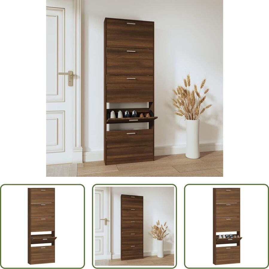 The Living Store Schoenenkast Classic Schoenopberger 5 lades 59x17x169 cm Schoenenkast Schoenuitlegger Bergruimte Houten Schoenenkast Bruine Schoenenkast